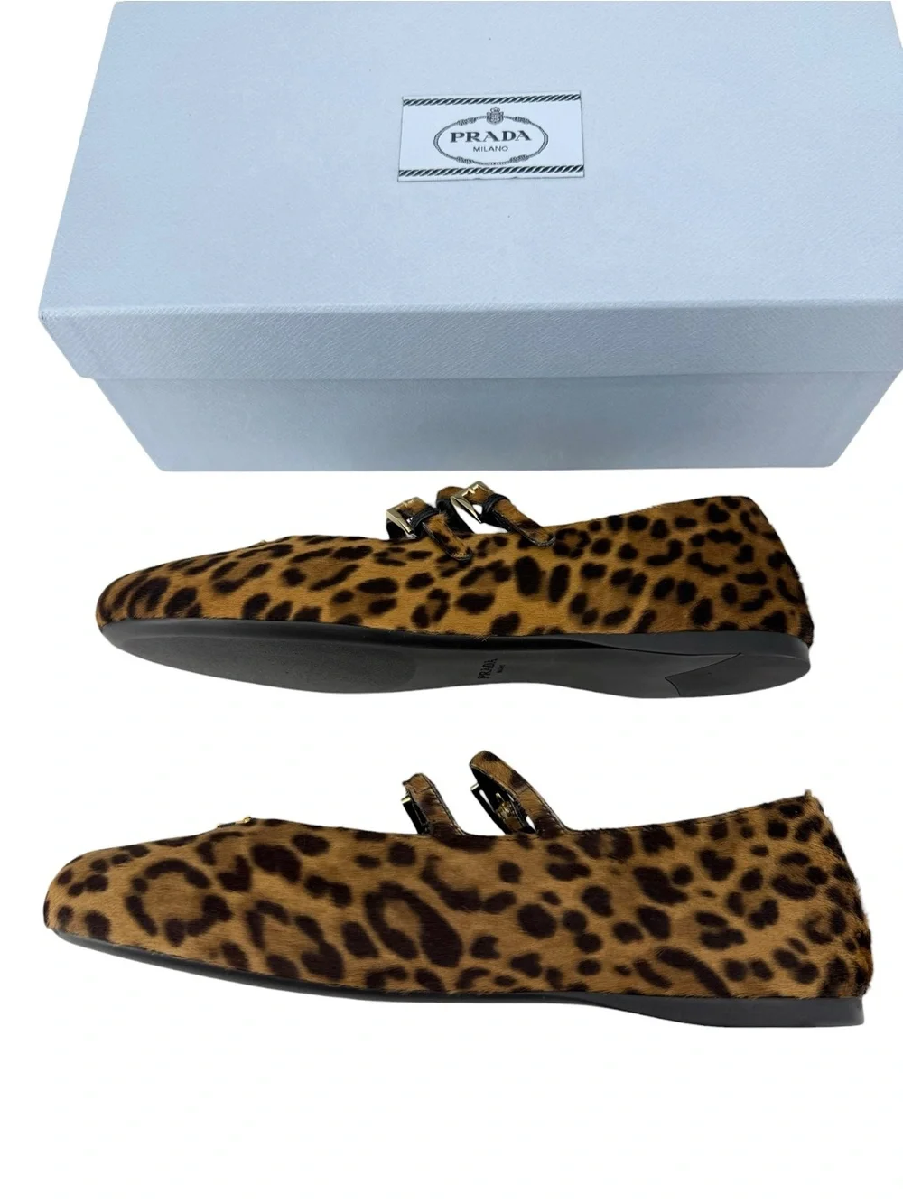 Prada Leopard Haircalf Double Strap Ballet Flats 38.5 US 8.5 NIB Current Style - Picture 12 of 17